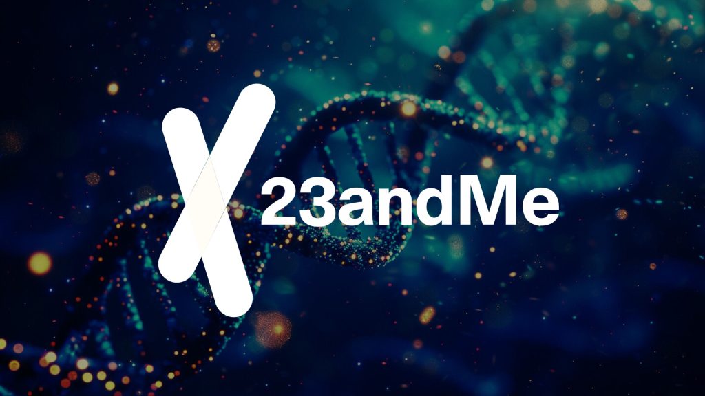 23andMe logo with large stylized white X on left and text on right against a dark background featuring a glowing DNA double helix and scattered light particles.
